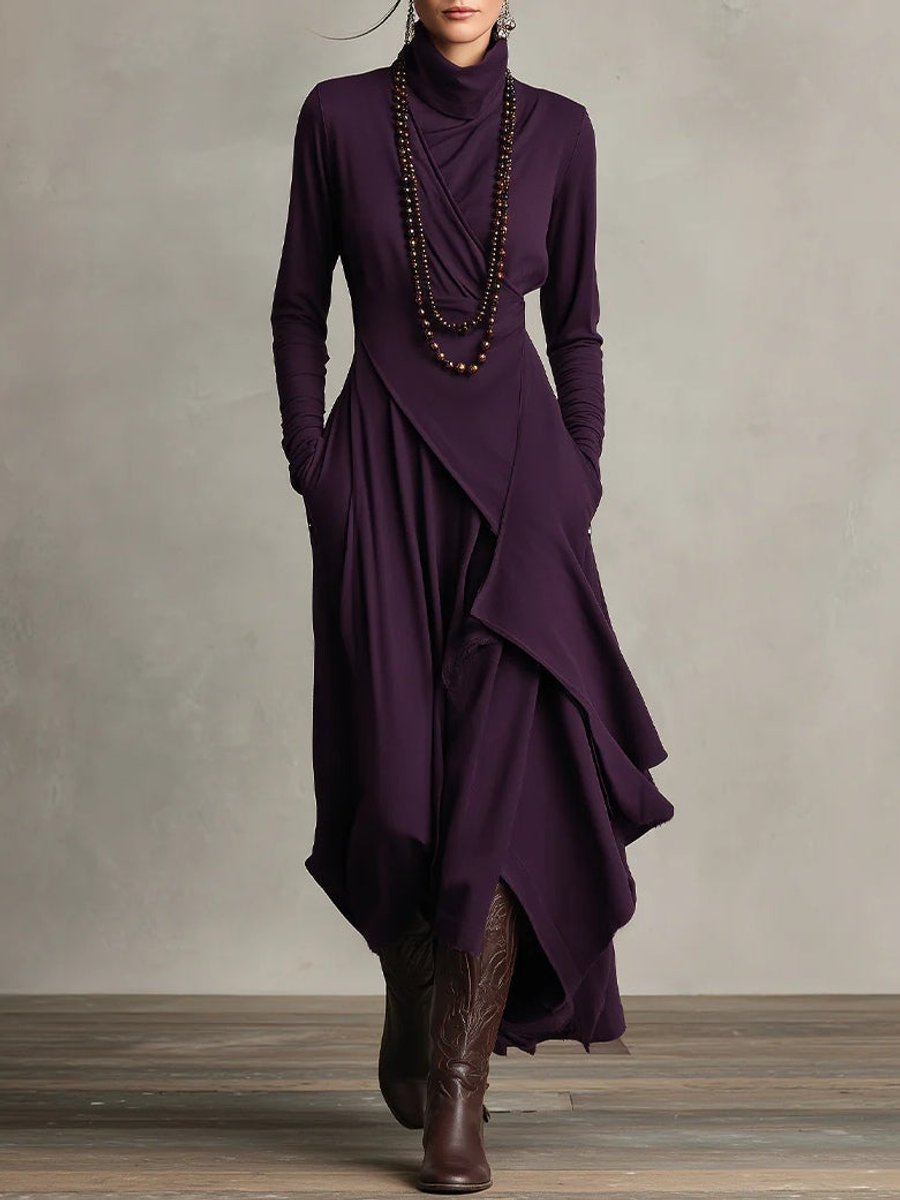 Luisa | Robe maxi à manches longues pour femmes avec col roulé et ourlet asymétrique