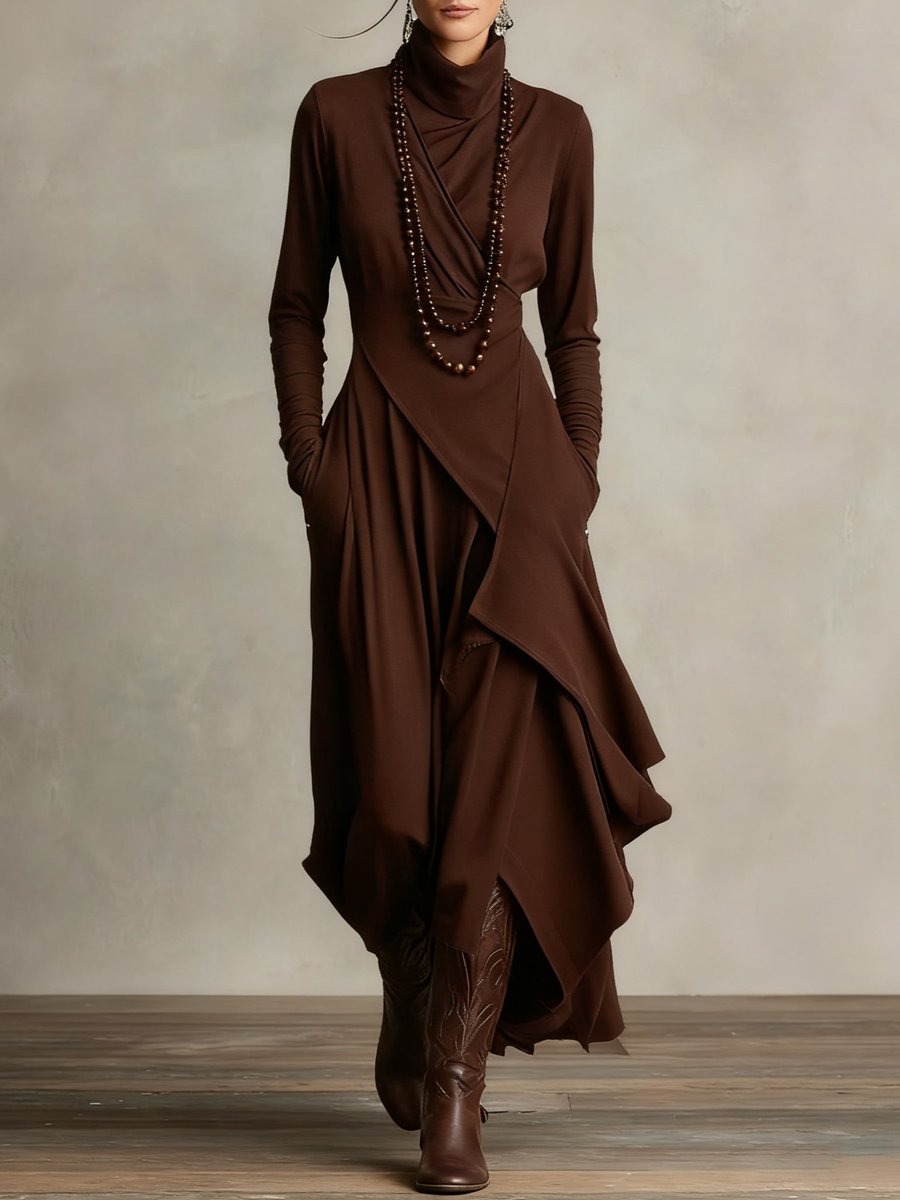 Luisa | Robe maxi à manches longues pour femmes avec col roulé et ourlet asymétrique