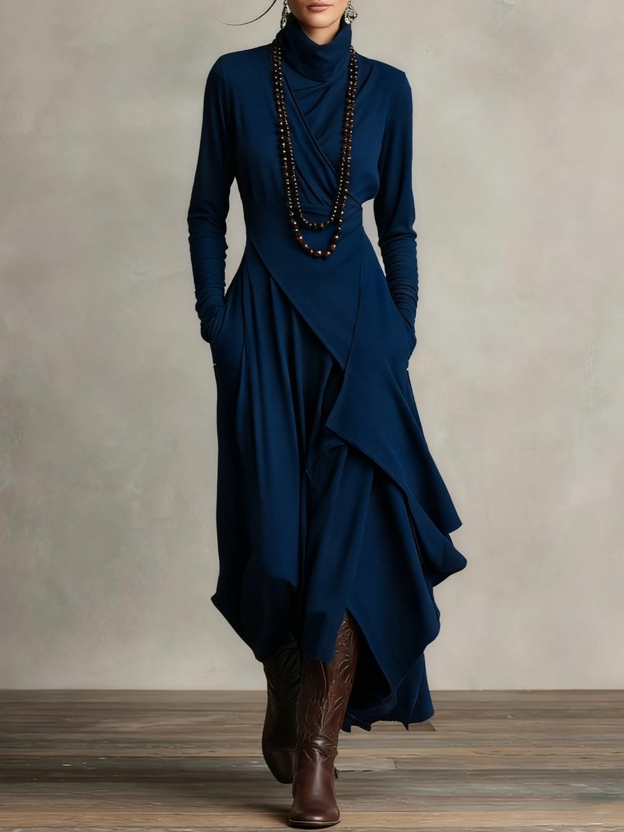 Luisa | Robe maxi à manches longues pour femmes avec col roulé et ourlet asymétrique