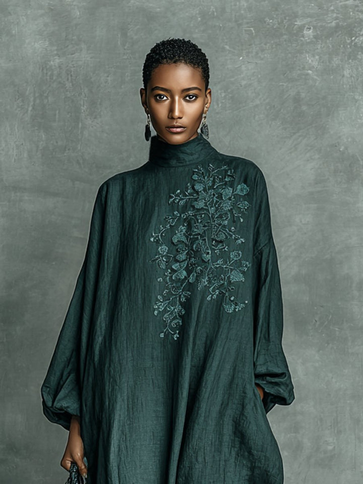 Greta | Robe maxi à manches longues pour femmes avec broderie et col montant