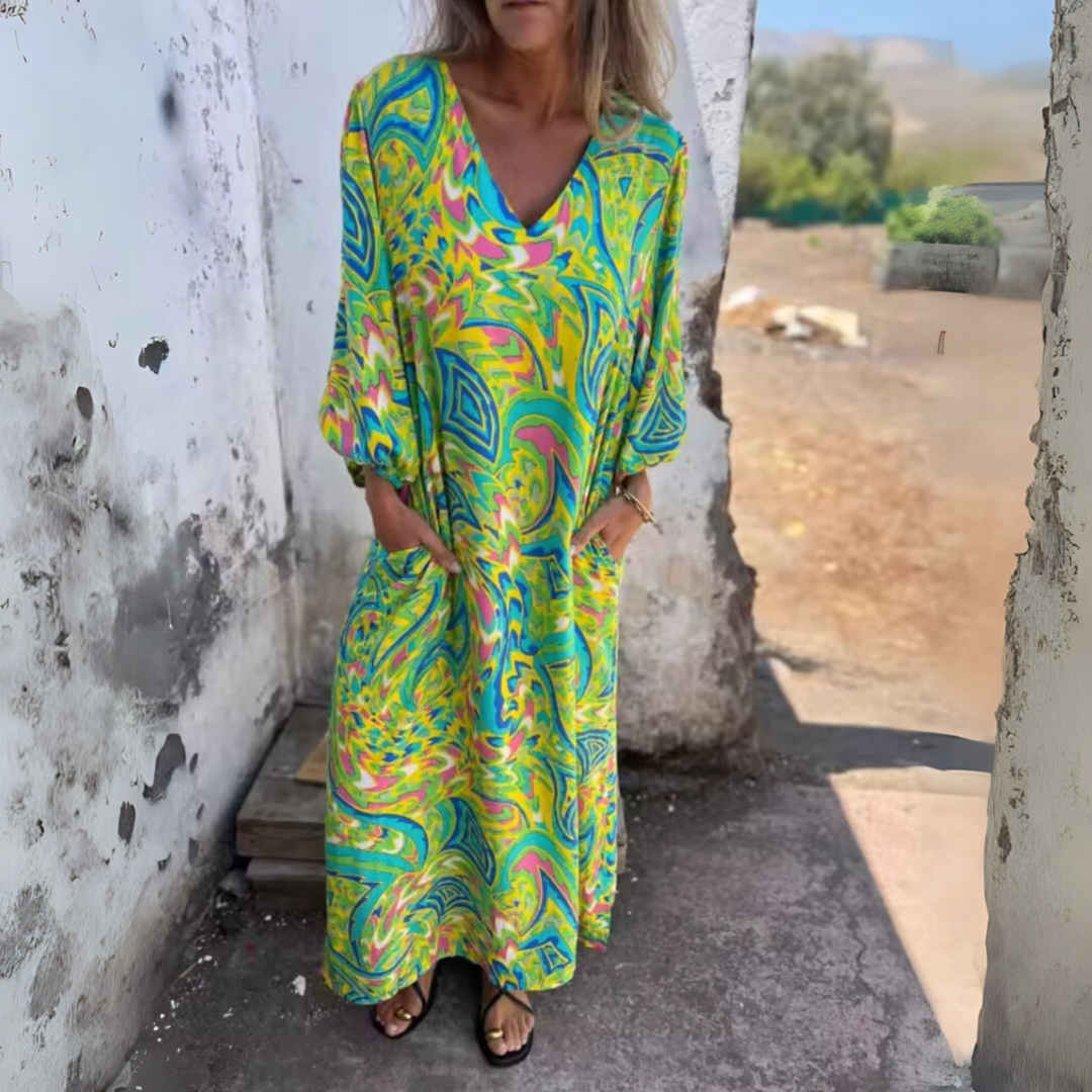 Robe maxi à manches longues pour femmes avec décolleté en V et surface imprimée