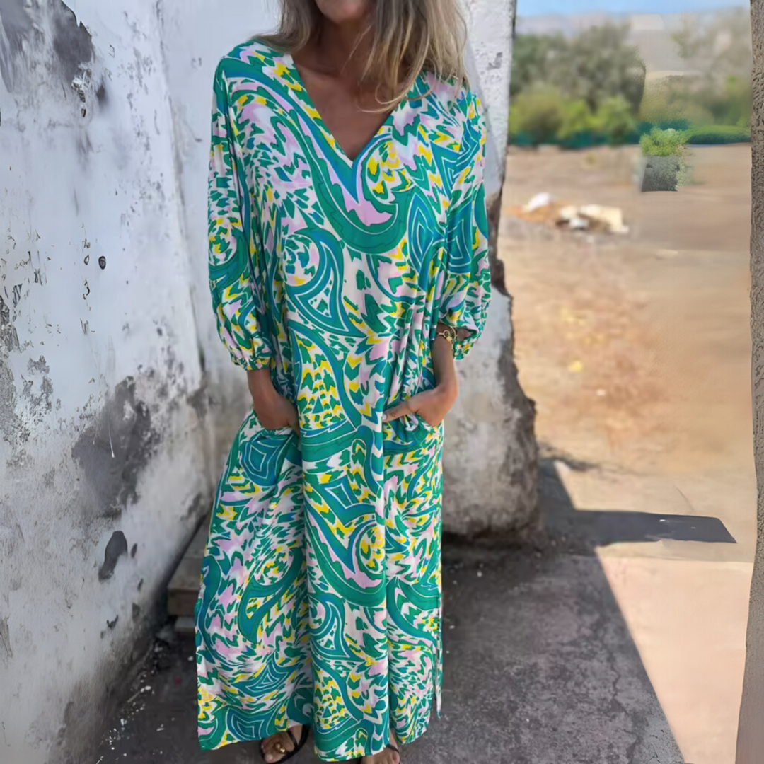 Robe maxi à manches longues pour femmes avec décolleté en V et surface imprimée