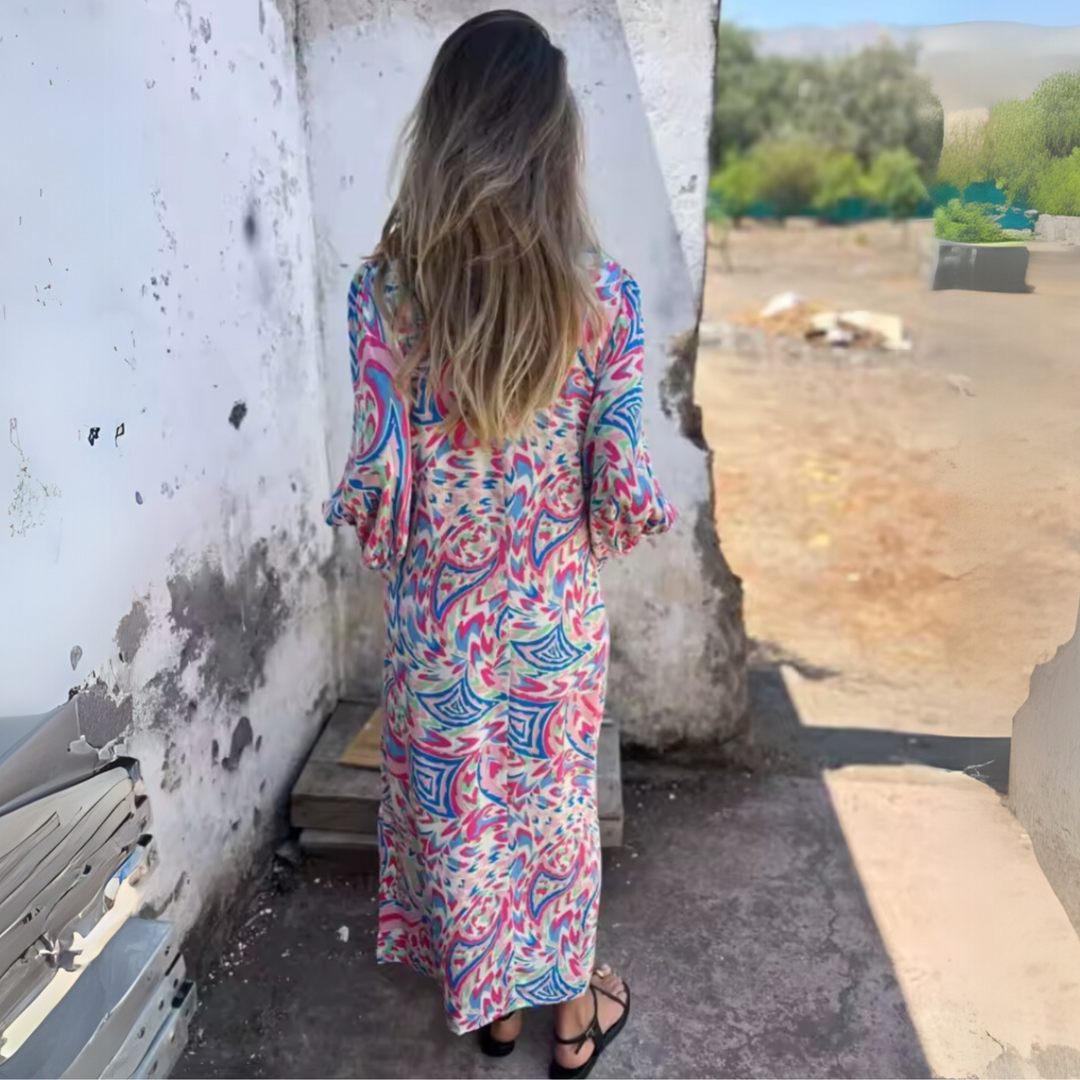 Robe maxi à manches longues pour femmes avec décolleté en V et surface imprimée