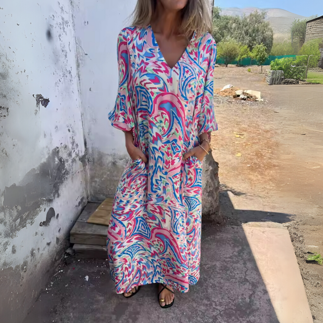 Robe maxi à manches longues pour femmes avec décolleté en V et surface imprimée