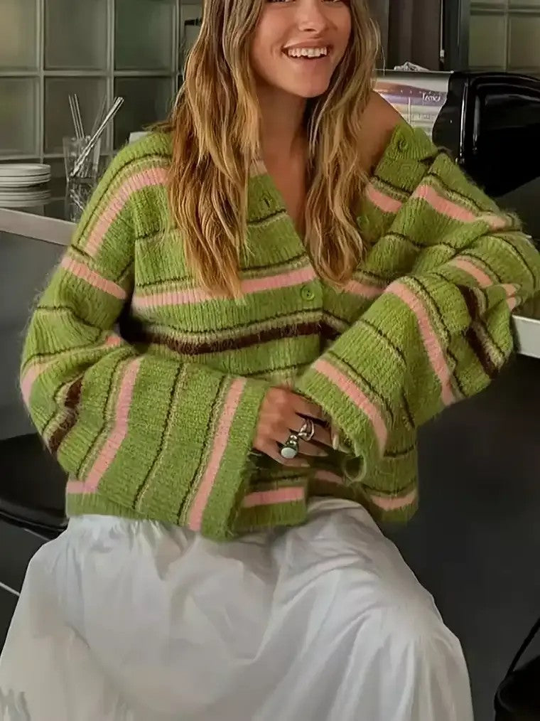 Veste en maille à manches longues pour femmes avec col rond et patte de boutonnage en rayures horizontales