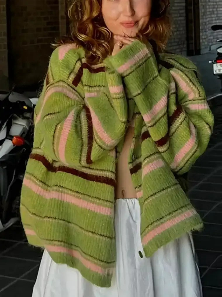Veste en maille à manches longues pour femmes avec col rond et patte de boutonnage en rayures horizontales