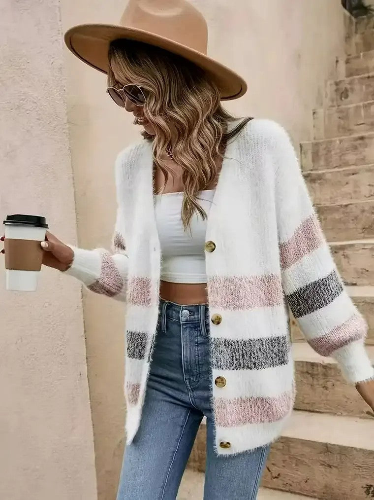Gilet en tricot à manches longues pour femmes avec décolleté en V et rayures horizontales en couleurs bloc