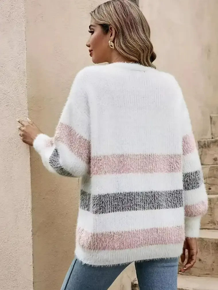 Gilet en tricot à manches longues pour femmes avec décolleté en V et rayures horizontales en couleurs bloc