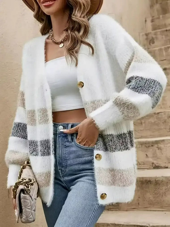 Gilet en tricot à manches longues pour femmes avec décolleté en V et rayures horizontales en couleurs bloc