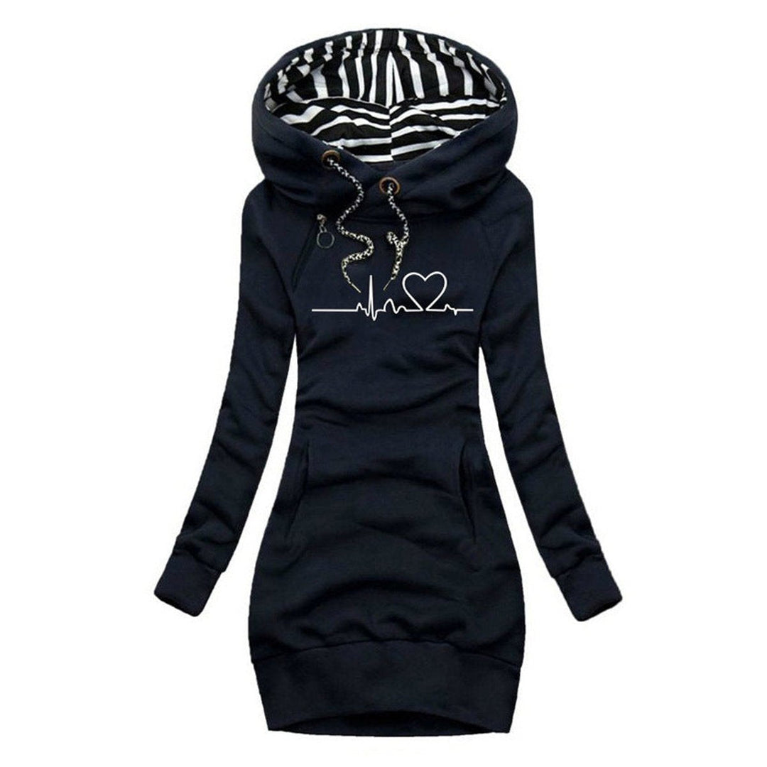 Elfriede | Robe Sweat à Manches Longues pour Femmes avec Imprimé de Pouls et Capuche