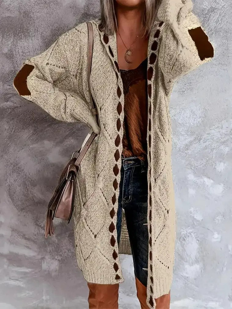 Veste ouverte en tricot longue pour femmes avec capuche, motif losange, patchs aux coudes et motif ajouré