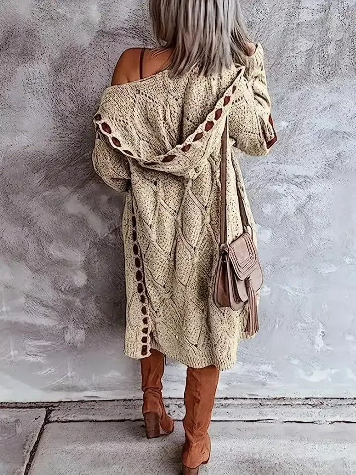 Veste ouverte en tricot longue pour femmes avec capuche, motif losange, patchs aux coudes et motif ajouré