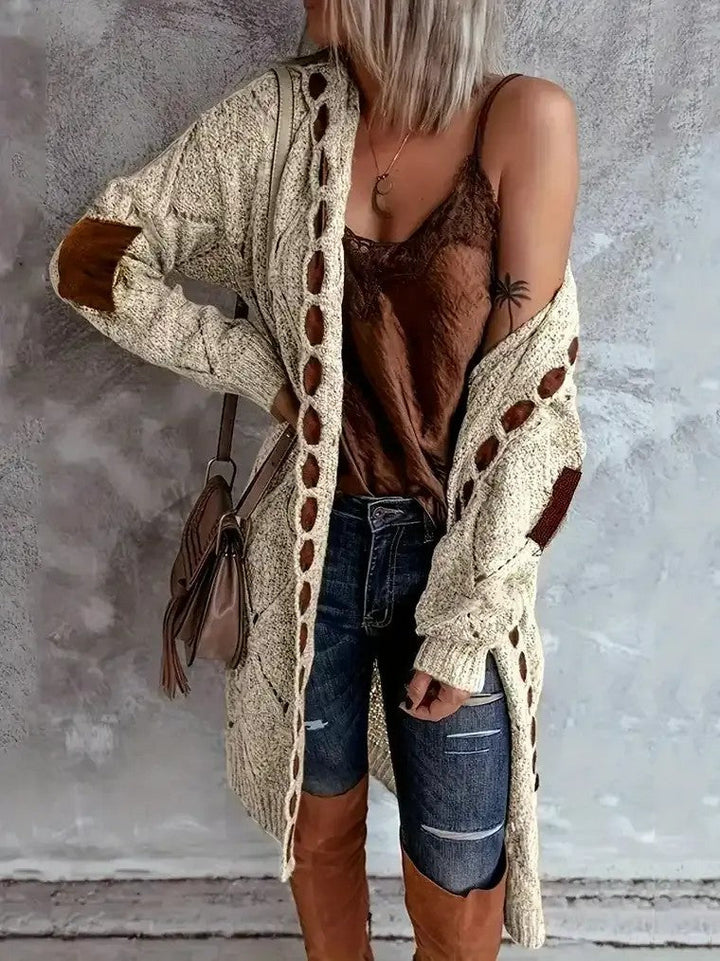 Veste ouverte en tricot longue pour femmes avec capuche, motif losange, patchs aux coudes et motif ajouré