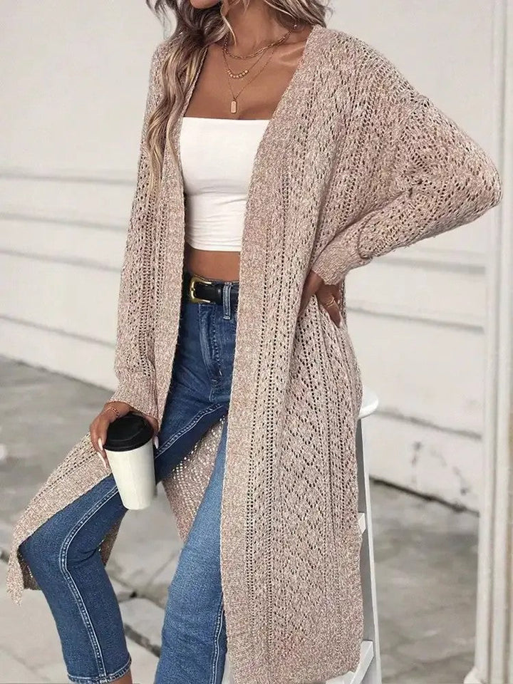 Veste ouverte en tricot pour femmes avec fentes latérales et motif en tricot ajouré