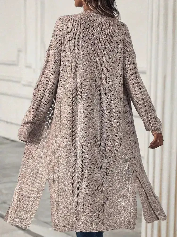 Veste ouverte en tricot pour femmes avec fentes latérales et motif en tricot ajouré