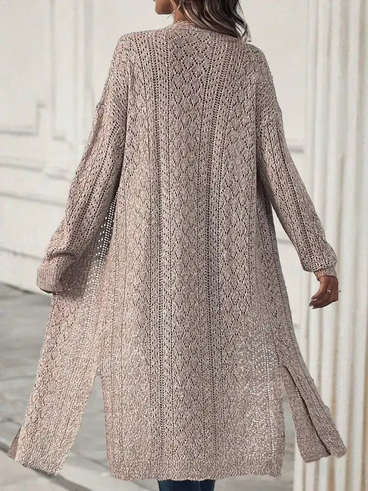 Veste ouverte en tricot pour femmes avec fentes latérales et motif en tricot ajouré