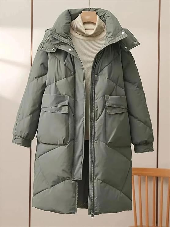 Veste longue matelassée pour femmes avec col montant, fermeture éclair cachée, poches à rabat et manches longues