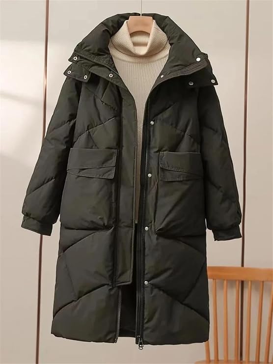 Veste longue matelassée pour femmes avec col montant, fermeture éclair cachée, poches à rabat et manches longues