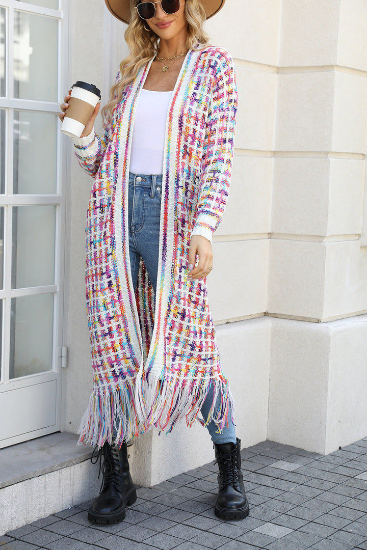 Gilet long pour femmes avec devant ouvert, finition à franges et motif multicolore