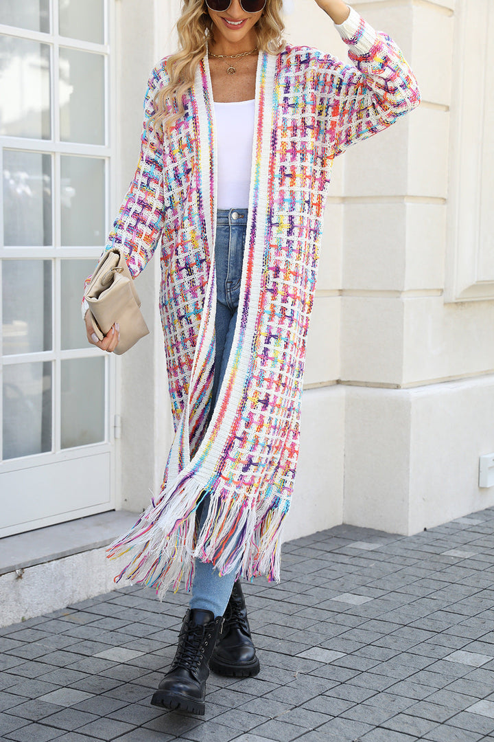 Gilet long pour femmes avec devant ouvert, finition à franges et motif multicolore