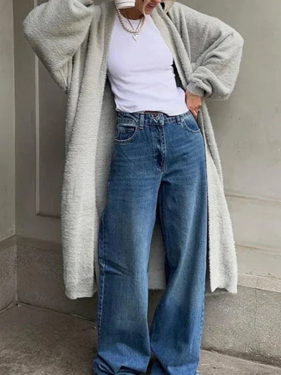 Veste en Tricot Longue Femme avec Devant Ouvert et Surface en Pile