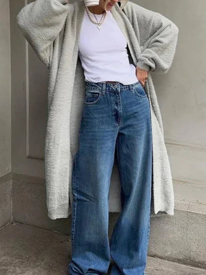 Veste en Tricot Longue Femme avec Devant Ouvert et Surface en Pile