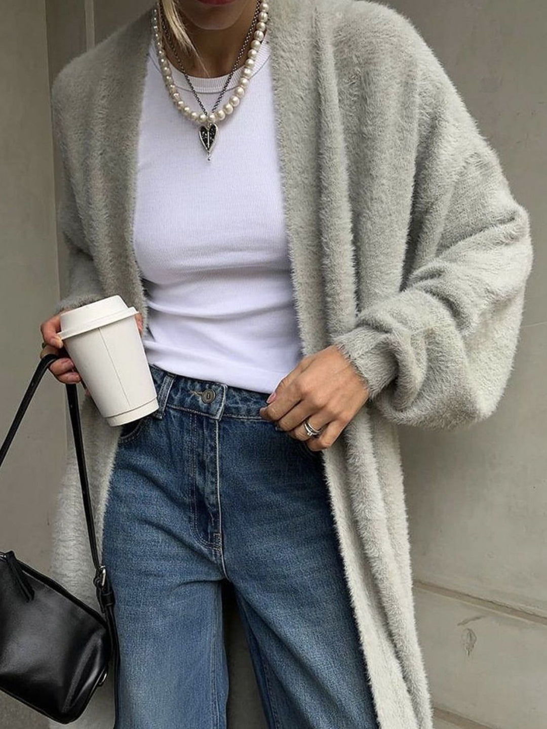 Veste en Tricot Longue Femme avec Devant Ouvert et Surface en Pile