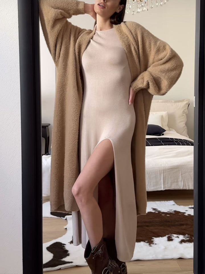 Veste en Tricot Longue Femme avec Devant Ouvert et Surface en Pile