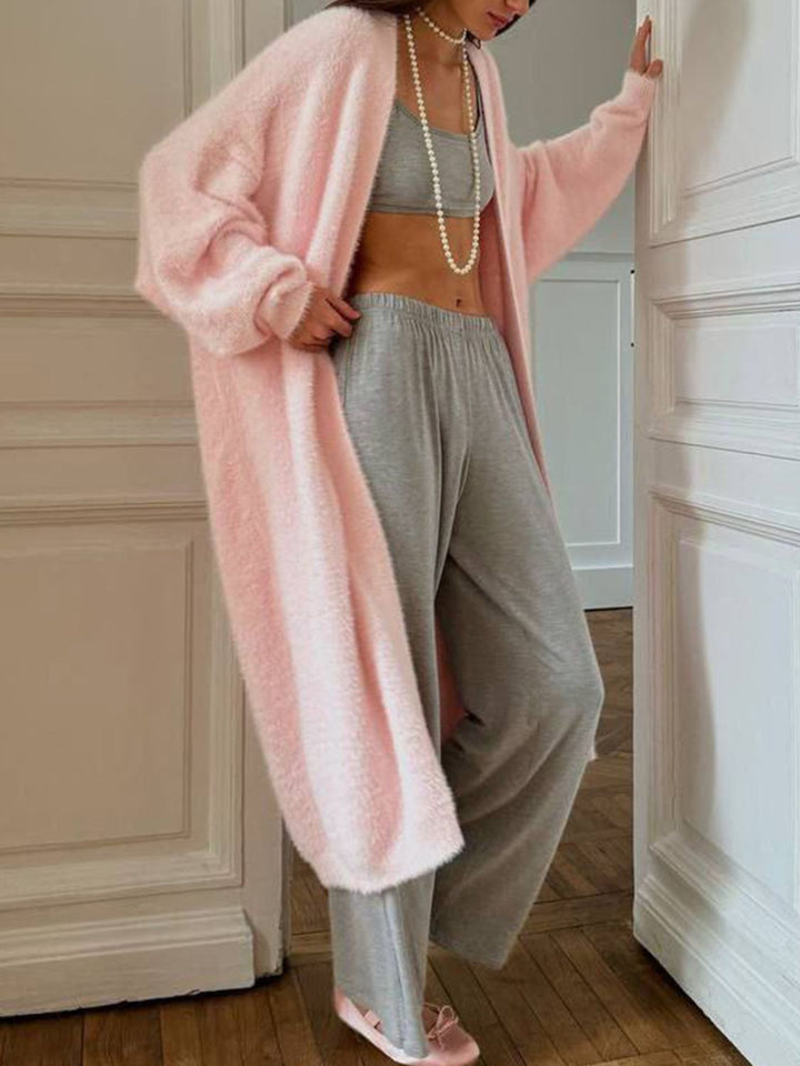 Veste en Tricot Longue Femme avec Devant Ouvert et Surface en Pile