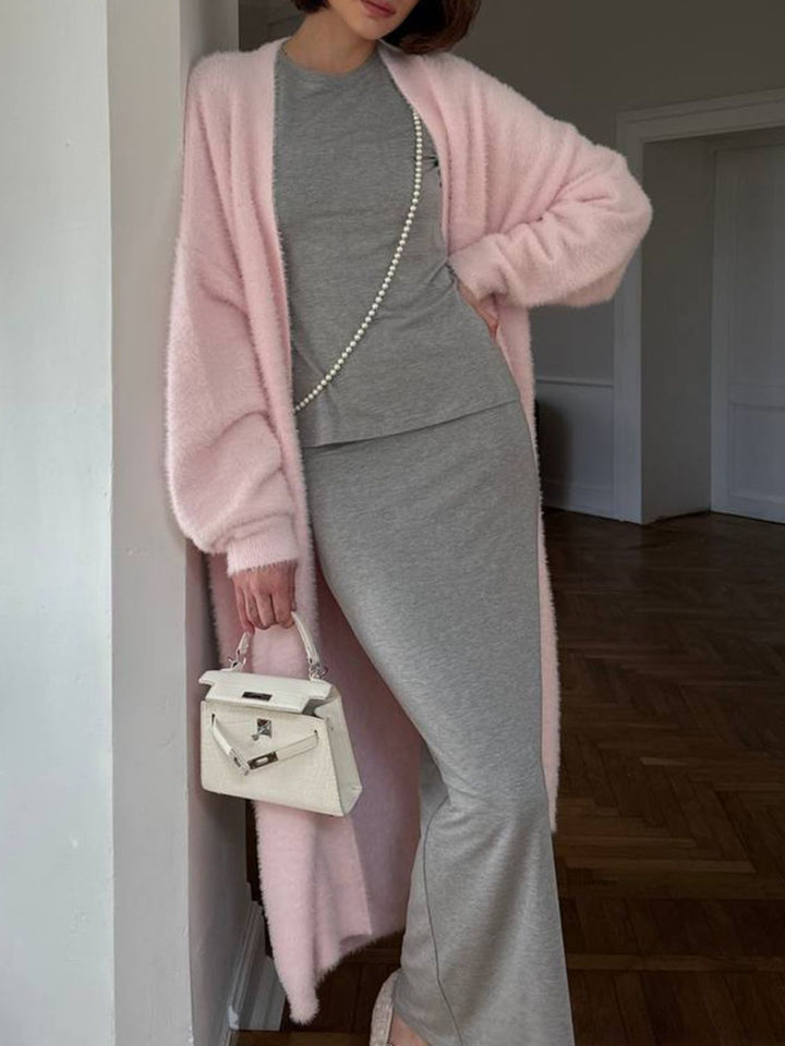Veste en Tricot Longue Femme avec Devant Ouvert et Surface en Pile