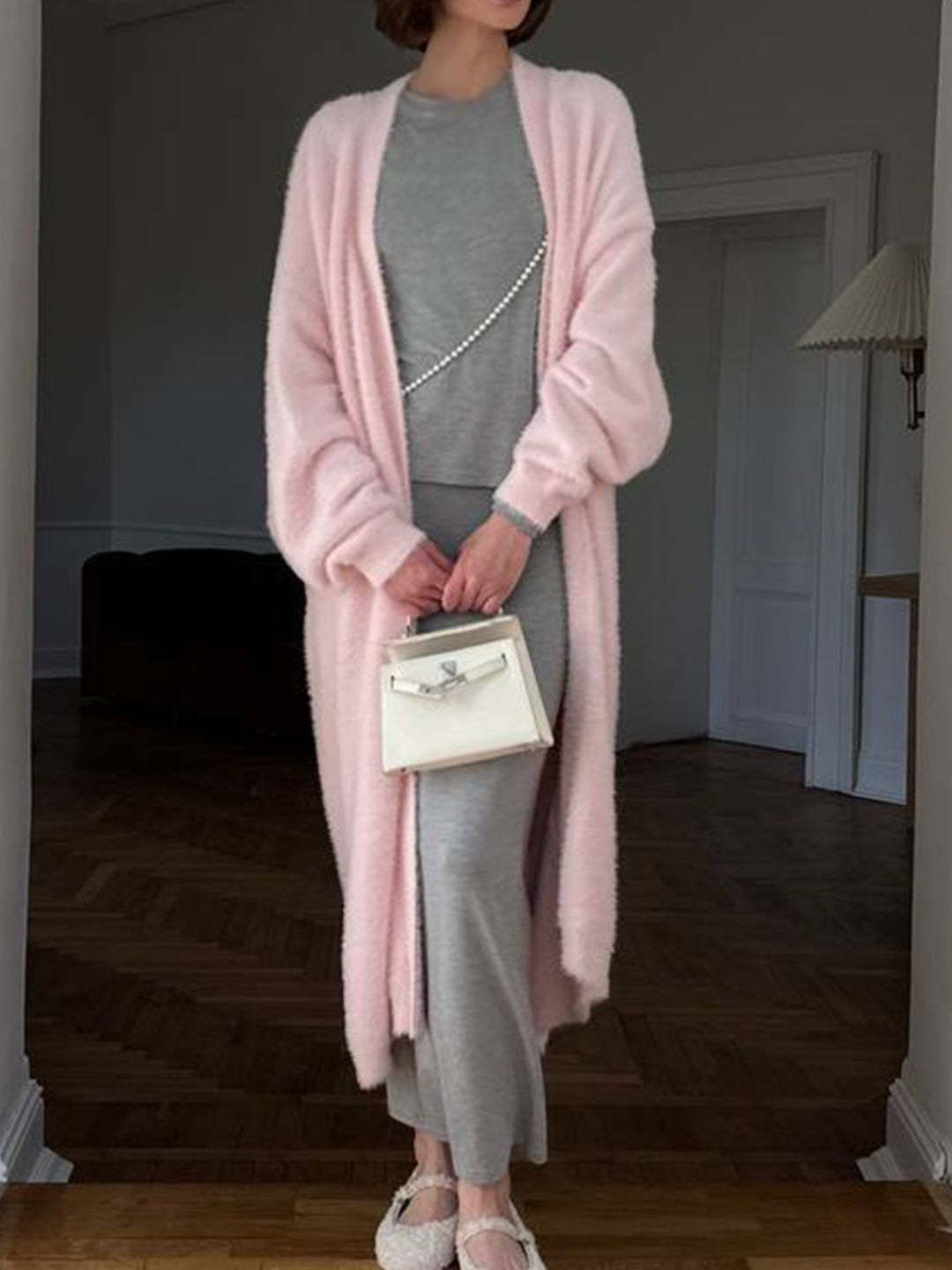 Veste en Tricot Longue Femme avec Devant Ouvert et Surface en Pile