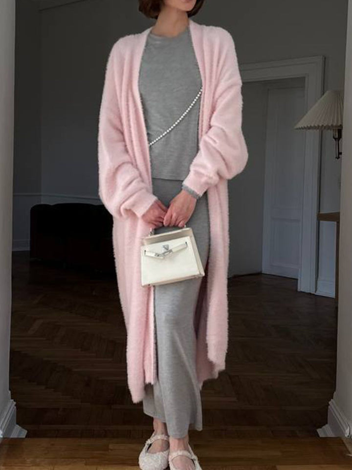 Veste en Tricot Longue Femme avec Devant Ouvert et Surface en Pile
