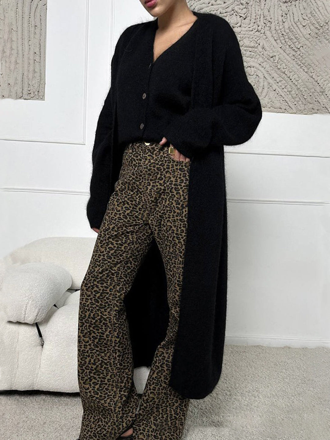 Veste en Tricot Longue Femme avec Devant Ouvert et Surface en Pile