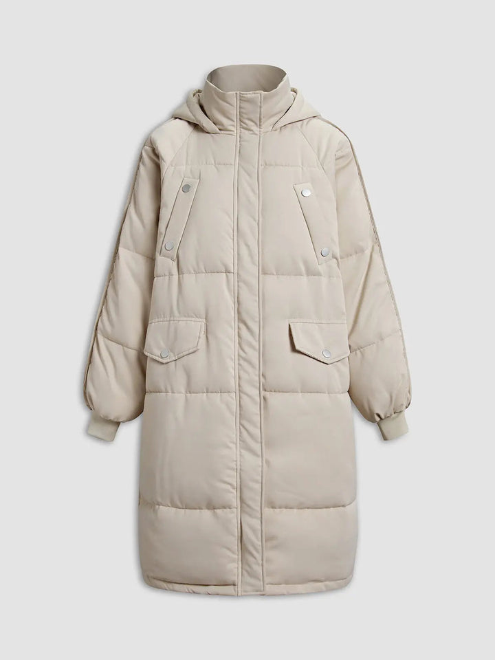 Manteau Long Matelassé pour Femmes avec Capuche, Fermeture Frontale et Poches Latérales