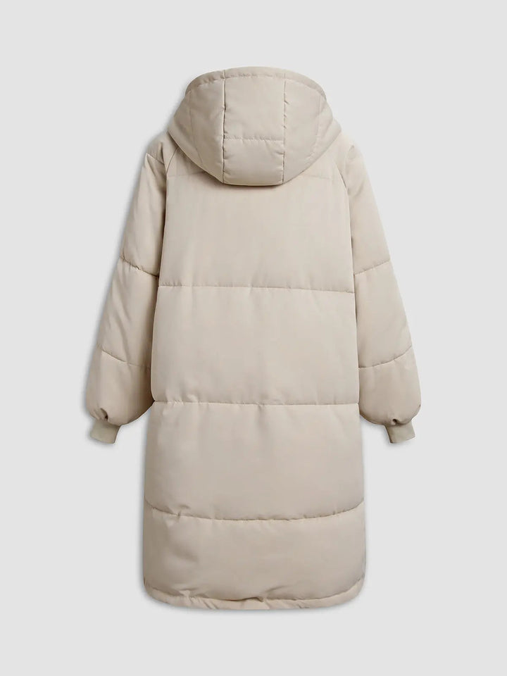 Manteau Long Matelassé pour Femmes avec Capuche, Fermeture Frontale et Poches Latérales