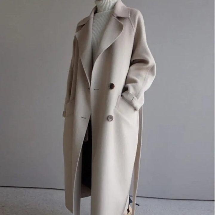 Manteau Long Femme avec Col Revers Large, Boutonnage Double et Ceinture à la Taille