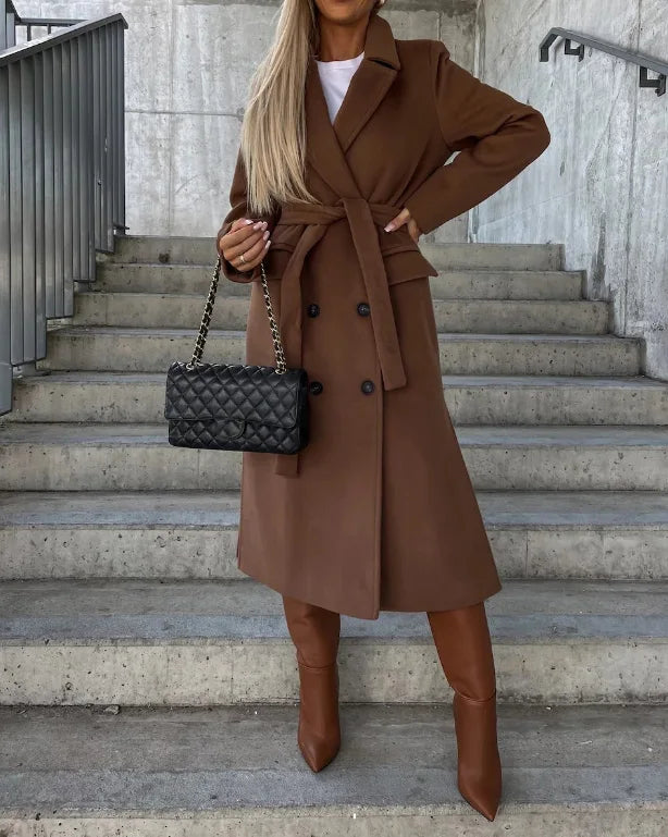 Manteau Long pour Femmes avec Double Rangée de Boutons et Col Revers