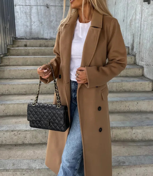 Manteau Long pour Femmes avec Double Rangée de Boutons et Col Revers