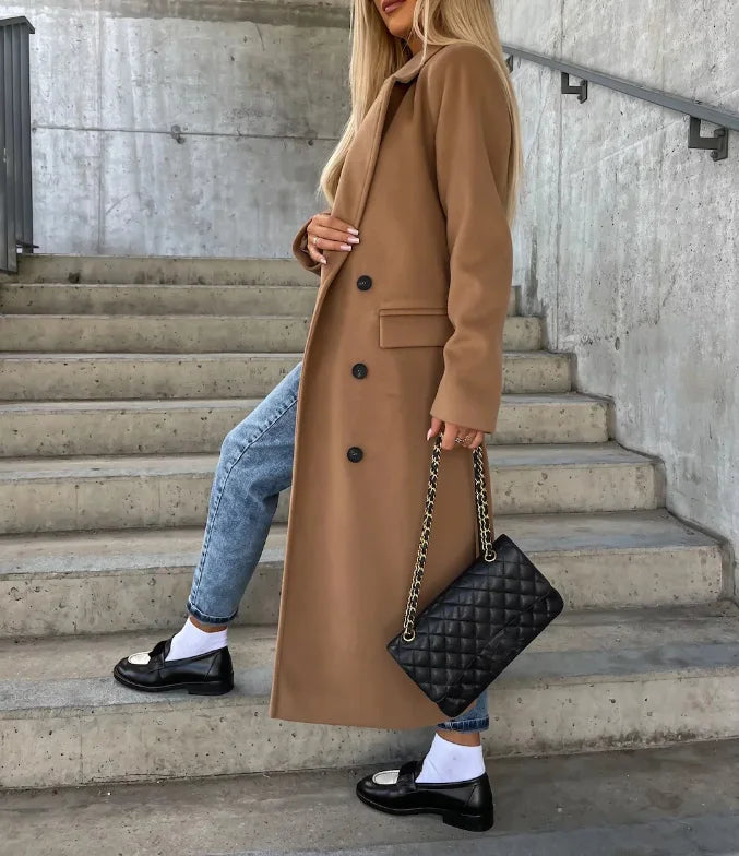 Manteau Long pour Femmes avec Double Rangée de Boutons et Col Revers
