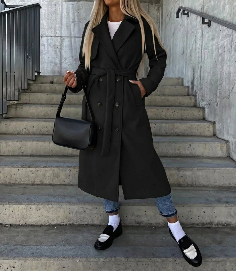 Manteau Long pour Femmes avec Double Rangée de Boutons et Col Revers