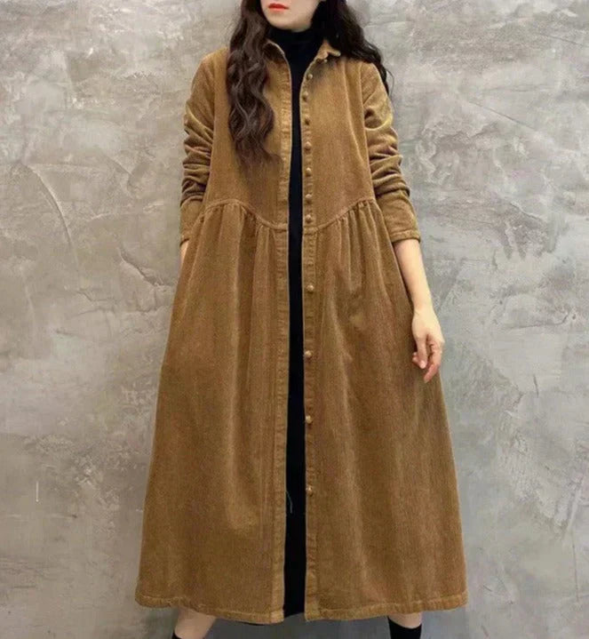 Manteau Long Femme avec Boutonnage Complet, Col Chemise et Texture Tissée Visible