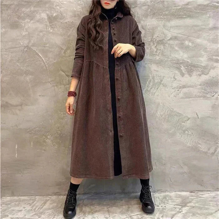 Manteau Long Femme avec Boutonnage Complet, Col Chemise et Texture Tissée Visible