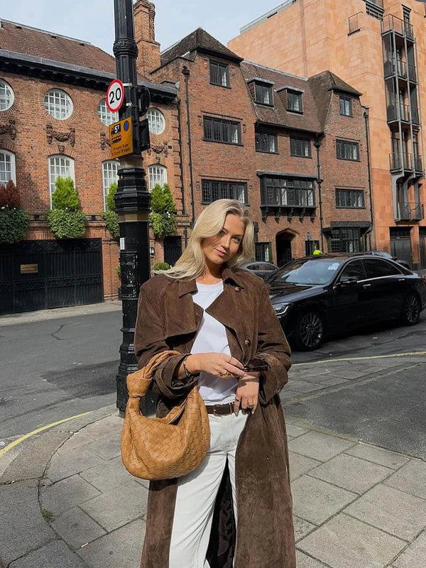 Manteau Long pour Femmes avec Ceinture et Revers Larges