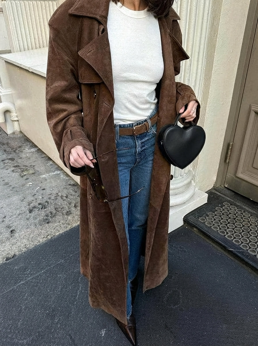 Manteau Long pour Femmes avec Ceinture et Revers Larges