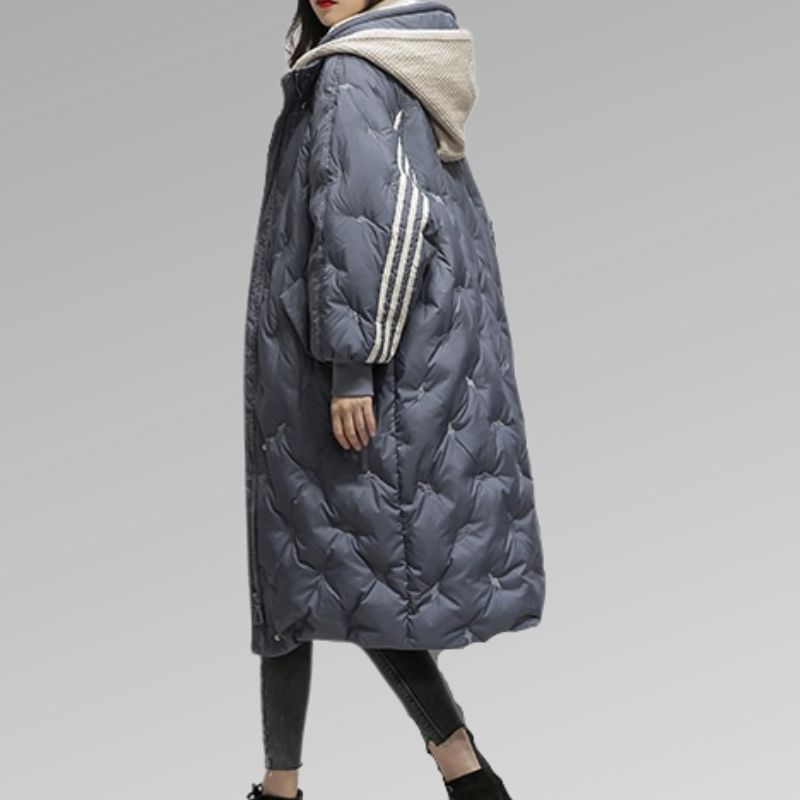 Manteau long matelassé pour femmes avec motif en losanges, col montant, ceinture à nouer et poches latérales