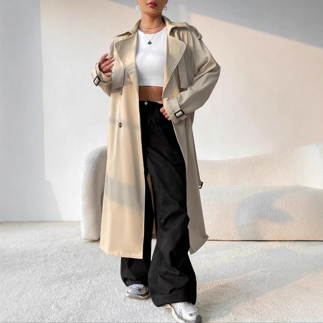 Manteau Trench Long pour Femmes avec Ceinture et Double Rangée de Boutons