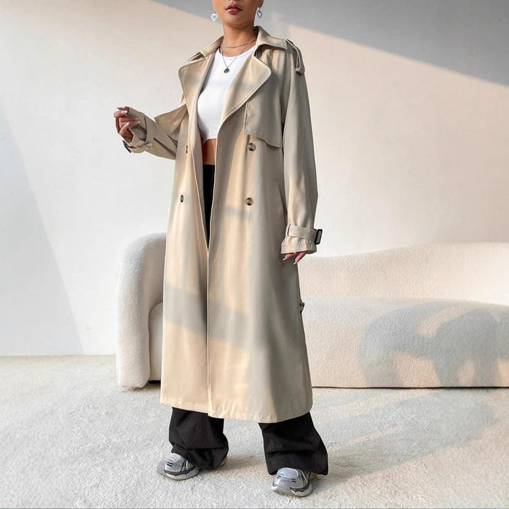 Manteau Trench Long pour Femmes avec Ceinture et Double Rangée de Boutons