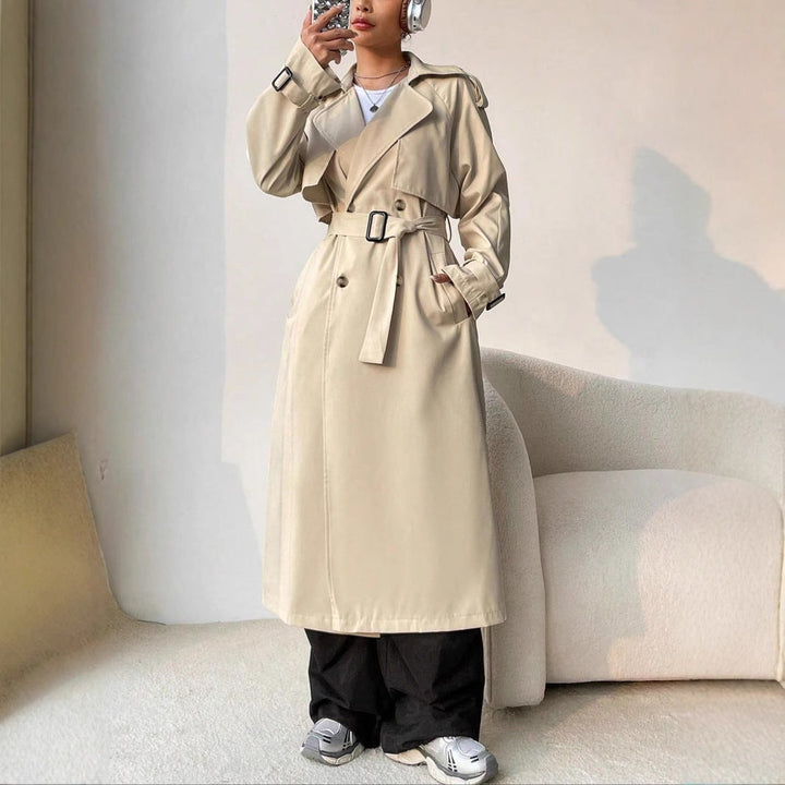 Manteau Trench Long pour Femmes avec Ceinture et Double Rangée de Boutons