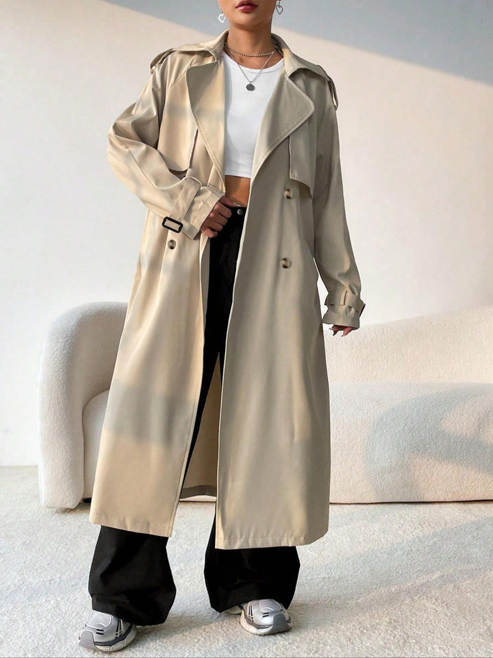 Manteau Trench Long pour Femmes avec Ceinture et Double Rangée de Boutons