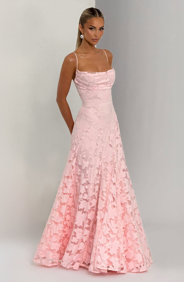 Robe maxi femme avec décolleté en cascade, bretelles spaghetti, motif floral et lacets au dos